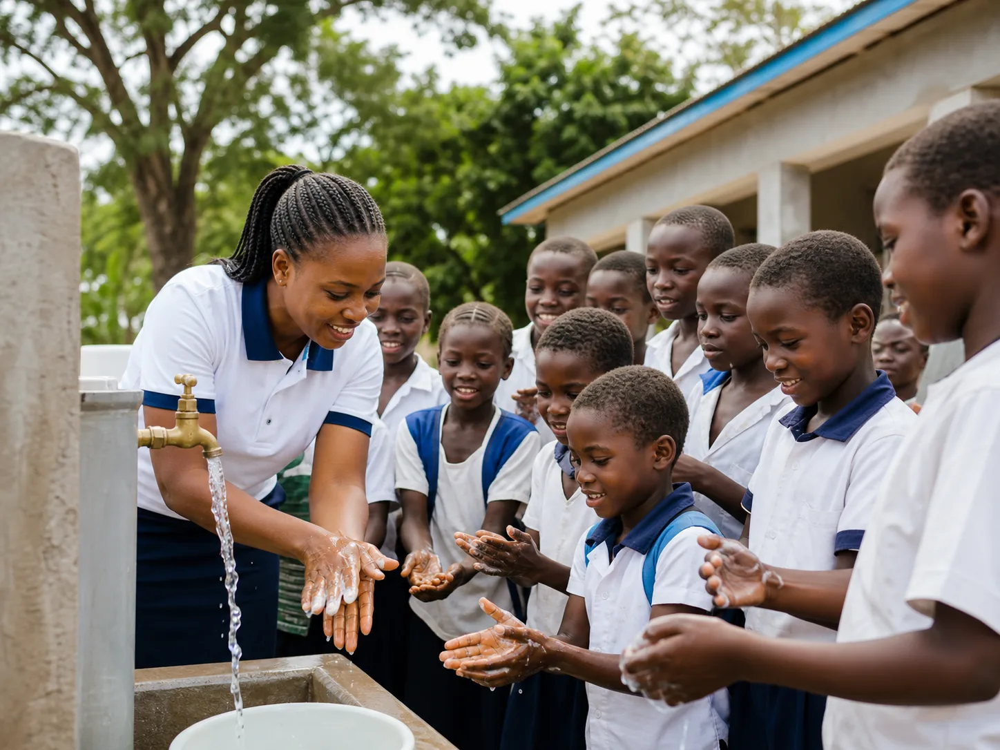 Hygiene and water-stewardship education in a school.