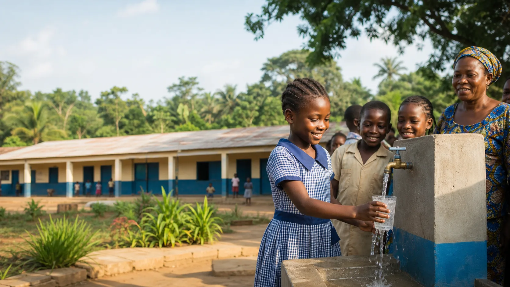 Schoolchildren drink clean water at a school tap.