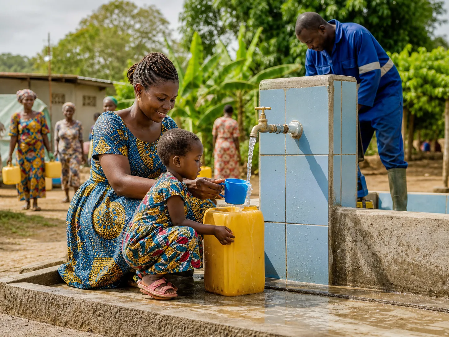 A Cameroonian woman smiles with joy holding a glass of clean water.