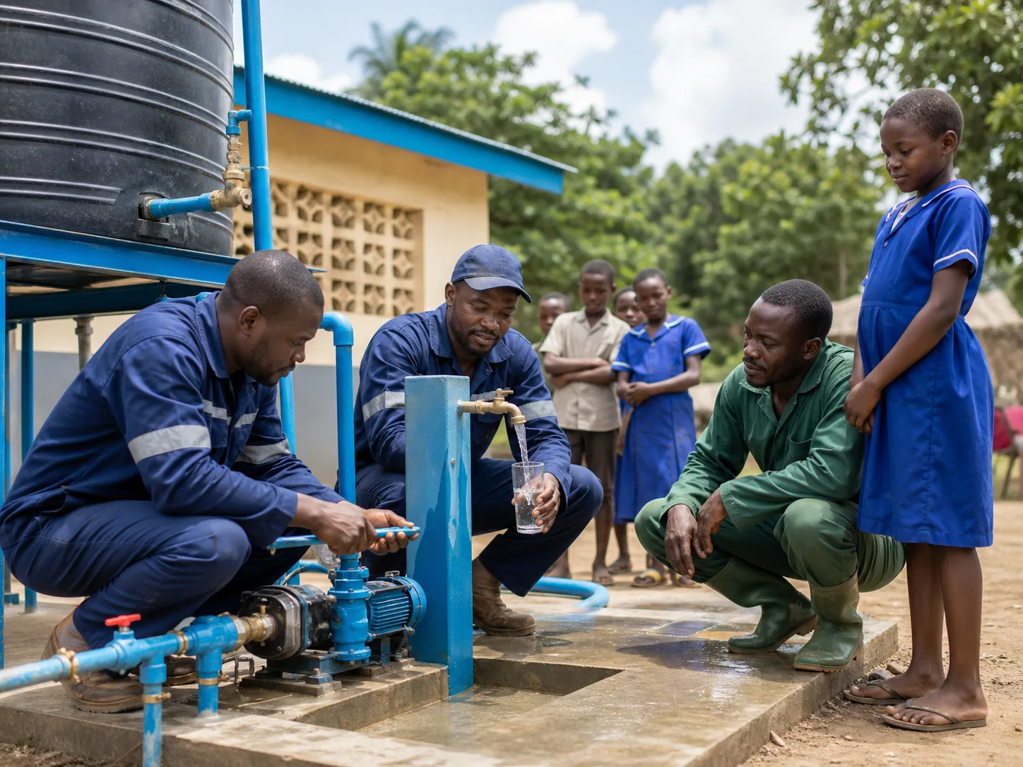 A Blue Spring technician checks a clean-water filtration unit at a community site.